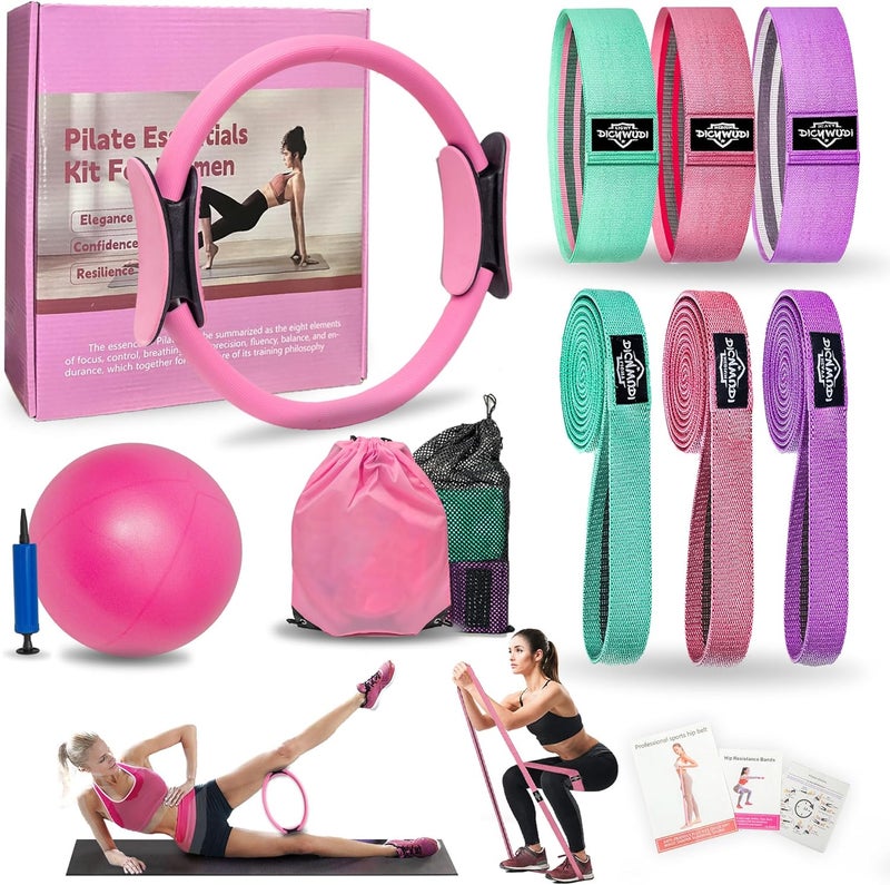 DICYWUDI Pilates Essentials Kit for Home Women, Pilates Equipment for Workouts, 6 Fabric Resistance Bands, 12 Inch Magic Circle Yoga Ring, Mini Exercise Ball, Great Exercise Equipment - Image 1